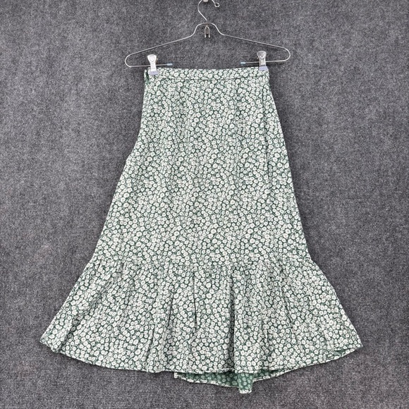 Abercrombie & Fitch Green Micro Floral Midi Skirt Ruffle Hem Side Slit Womens XS - Picture 3 of 12